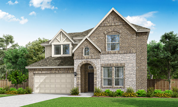 Garland Elevation B Standard. Garland floor plan by Pacesetter Homes showing first- and second-floor layouts with a first-floor primary bedroom and bath, open family room connected to kitchen and breakfast area, dining room, covered patio, powder bath, utility room, and a 3-car garage; second floor includes a game room and Bedrooms 2–4 with bathrooms and walk-in closets; option callouts include an optional fireplace at the family room, optional deluxe kitchen, optional kitchen island, optional primary bath layout, optional Bedroom 5 at the dining area, and an optional bath configuration at Bedroom 4.