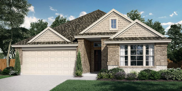 McKinney Elevation B. McKinney one‑story floor plan with 3 bedrooms, 2 bathrooms, open‑concept family room, dining area, kitchen, covered patio, and optional deluxe kitchen and fireplace layouts