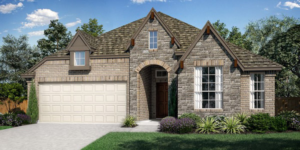McKinney Elevation D. McKinney one‑story floor plan with 3 bedrooms, 2 bathrooms, open‑concept family room, dining area, kitchen, covered patio, and optional deluxe kitchen and fireplace layouts