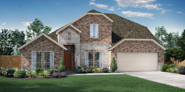 Parker Elevation A. Parker two‑story floor plan with 4 bedrooms, 3 bathrooms, oversized family room, kitchen and dining area, private study, covered patio, upstairs game room, and optional extended patio, fireplace, and bedroom layouts