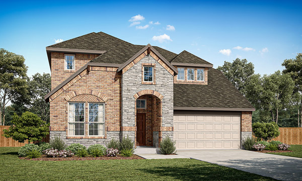 Richardson Elevation B Masonry. Richardson two‑story floor plan with 4 bedrooms, 2.5 bathrooms, open family room, kitchen with breakfast area and dining room, covered patio, private first‑floor primary suite, and upstairs game room with optional study, media room, and additional bedroom layouts