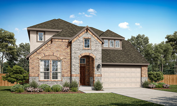 Richardson Elevation B Standard. Richardson two‑story floor plan with 4 bedrooms, 2.5 bathrooms, open family room, kitchen with breakfast area and dining room, covered patio, private first‑floor primary suite, and upstairs game room with optional study, media room, and additional bedroom layouts
