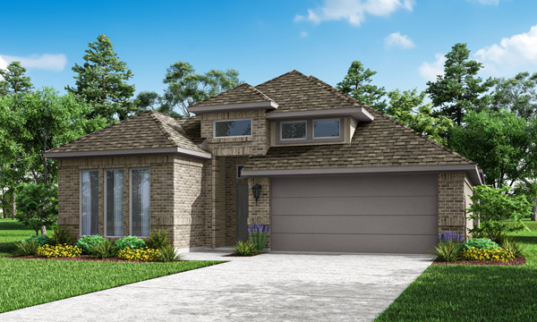 Rockwall Elevation A. Rockwall one‑story floor plan with 4 bedrooms, 3 bathrooms, formal dining room, game room, open family room and kitchen, covered patio, private primary suite, and optional study, fireplace, and deluxe kitchen layouts