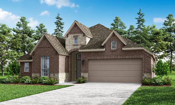 Rockwall Elevation B. Rockwall one‑story floor plan with 4 bedrooms, 3 bathrooms, formal dining room, game room, open family room and kitchen, covered patio, private primary suite, and optional study, fireplace, and deluxe kitchen layouts