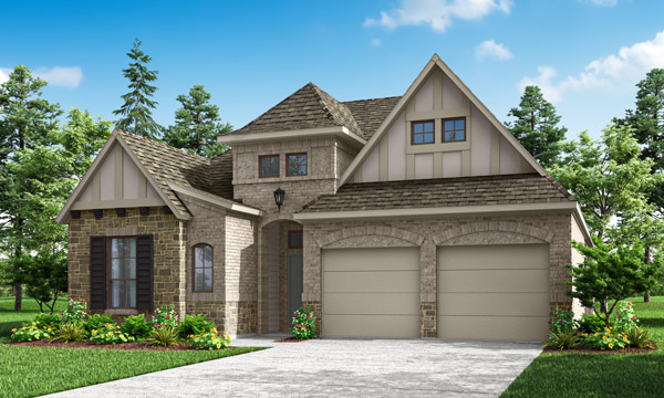 Rockwall Elevation C. Rockwall one‑story floor plan with 4 bedrooms, 3 bathrooms, formal dining room, game room, open family room and kitchen, covered patio, private primary suite, and optional study, fireplace, and deluxe kitchen layouts