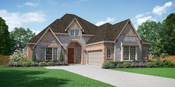 Sandstone S Elevation A. Sandstone S one-story floor plan with 3 bedrooms, 3 bathrooms, dining room, covered patio, and primary suite with sitting area