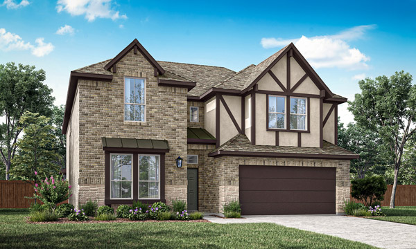 Westbury Elevation A. Westbury two-story floor plan with open first-floor living, study, covered patio, upstairs game room, optional media room, and additional bedrooms