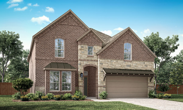 Westbury Elevation B. Westbury two-story floor plan with open first-floor living, study, covered patio, upstairs game room, optional media room, and additional bedrooms