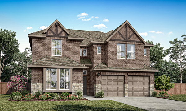 Westbury Elevation D. Westbury two-story floor plan with open first-floor living, study, covered patio, upstairs game room, optional media room, and additional bedrooms