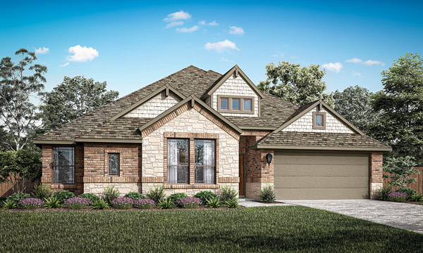 Westlake II Elevation B. Westlake II one-story floor plan with open living areas, dining room, game room, covered patio, and primary suite with dual walk-in closets