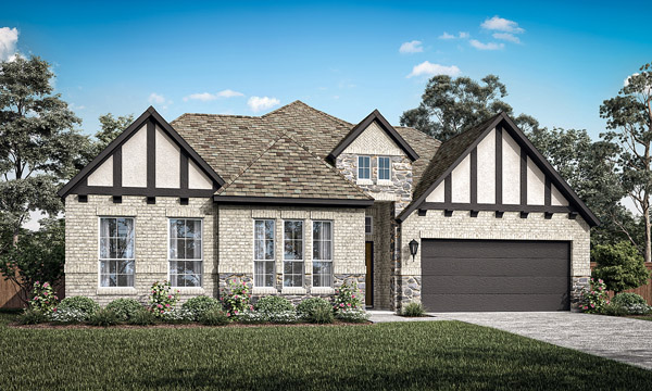 Westlake II Elevation D. Westlake II one-story floor plan with open living areas, dining room, game room, covered patio, and primary suite with dual walk-in closets