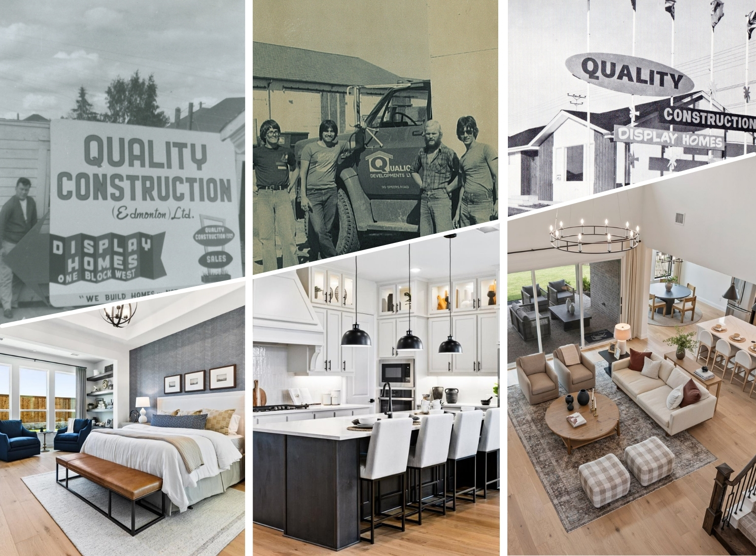 Qualico and Pacesetter Homes 75 Years of Homebuilding Collage of historical construction photos and modern home interiors including kitchen, living room, and bedroom